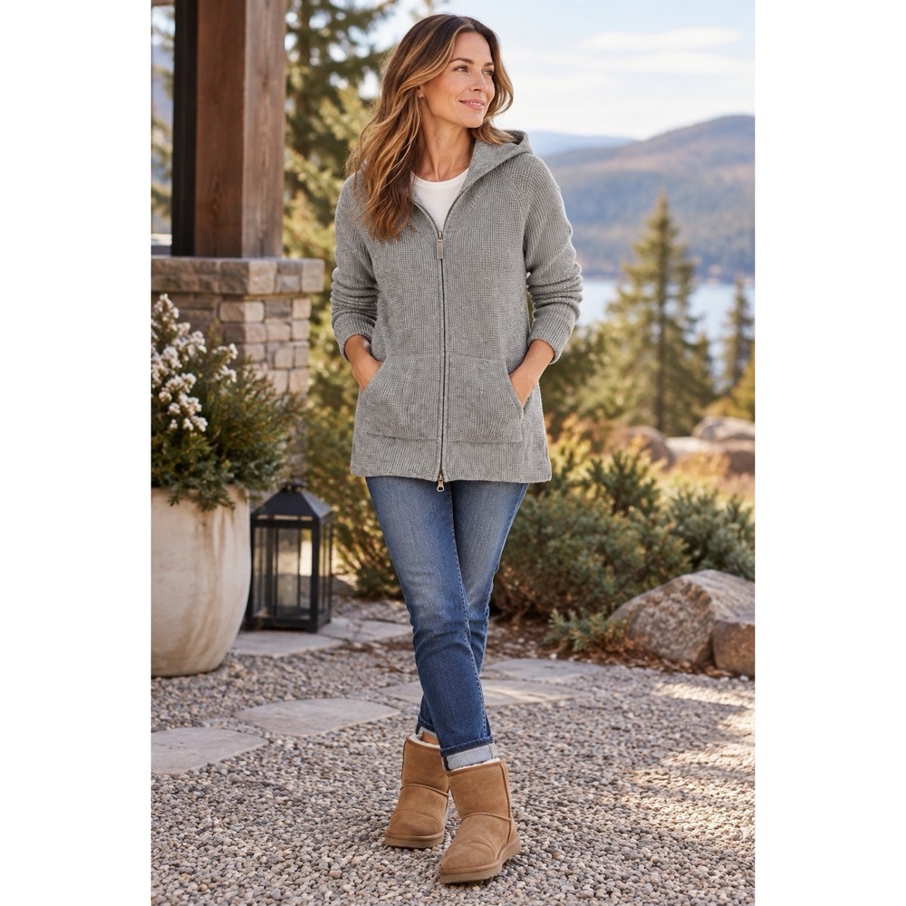 VTG LL Bean Gray 100% Cashmere Waffle Knit Cardigan Hoodie Full Zip Sweater L